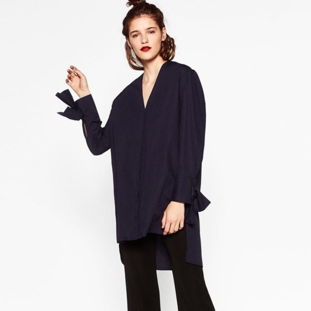 Zara Poplin Tunic Blouse with Sleeve Details XS